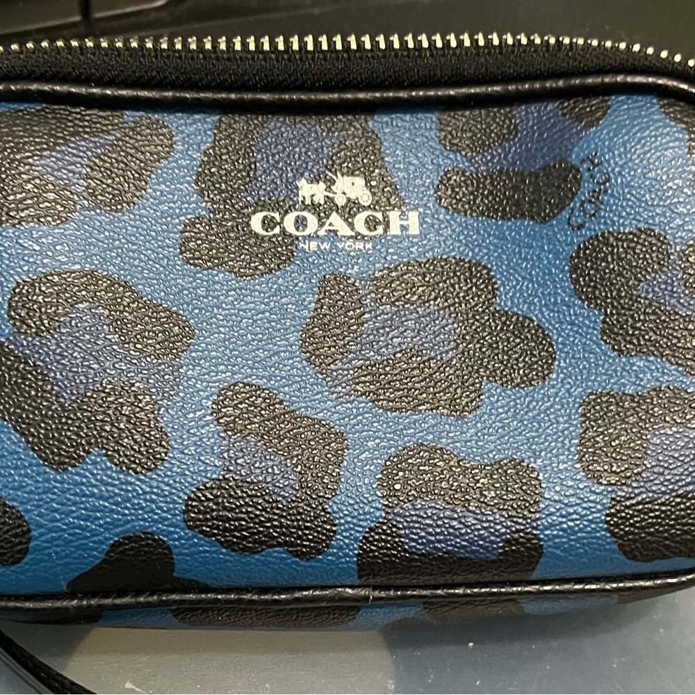 Coach Blue and Black Leopard Print Mini Shoulder bag with built-in wallet.